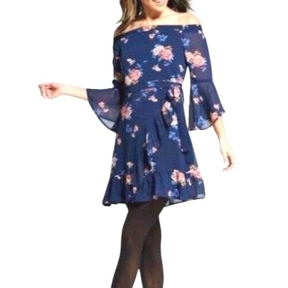 Xhilaration Floral Off-The-Shoulder Ruffle Navy Blue & Pink Dress Size Medium - Picture 1 of 12
